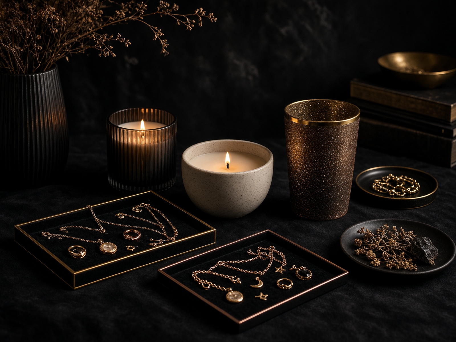 KayzCharmzz atelier table with candles, tumblers, and jewelry