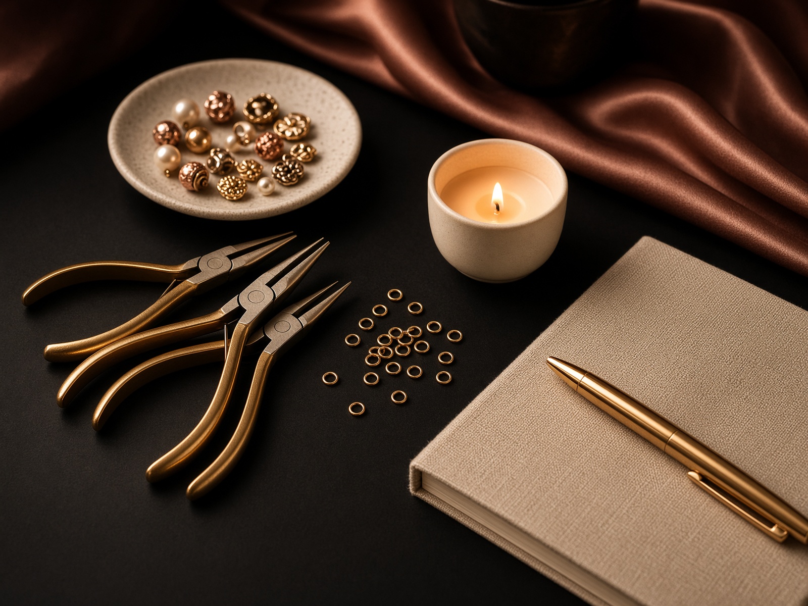 Jewelry-making class tools on a black table