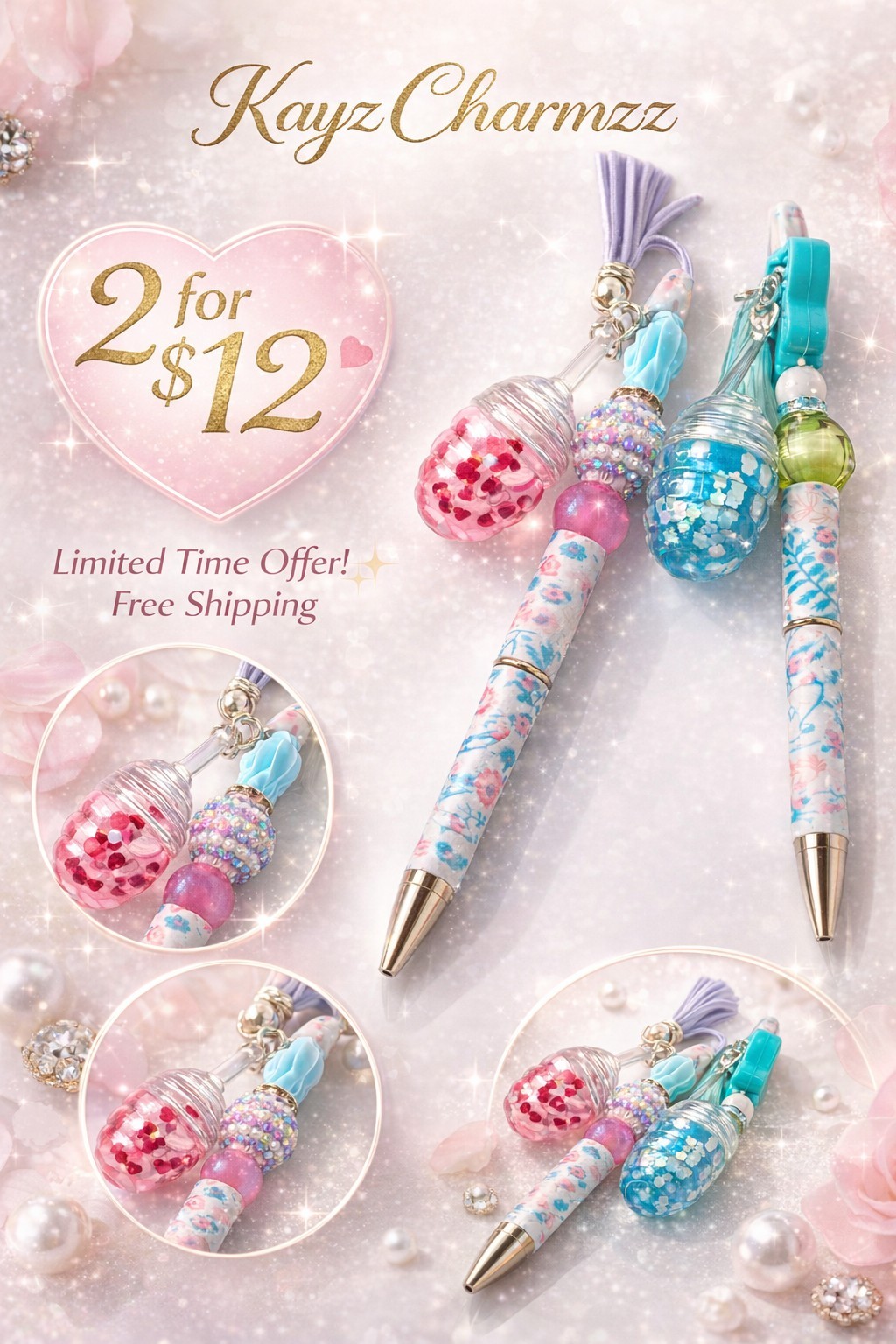 Floral Beaded Pens + Lip Gloss Set