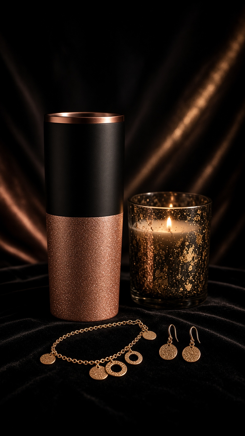 KayzCharmzz handmade tumbler, candle, and jewelry on black velvet